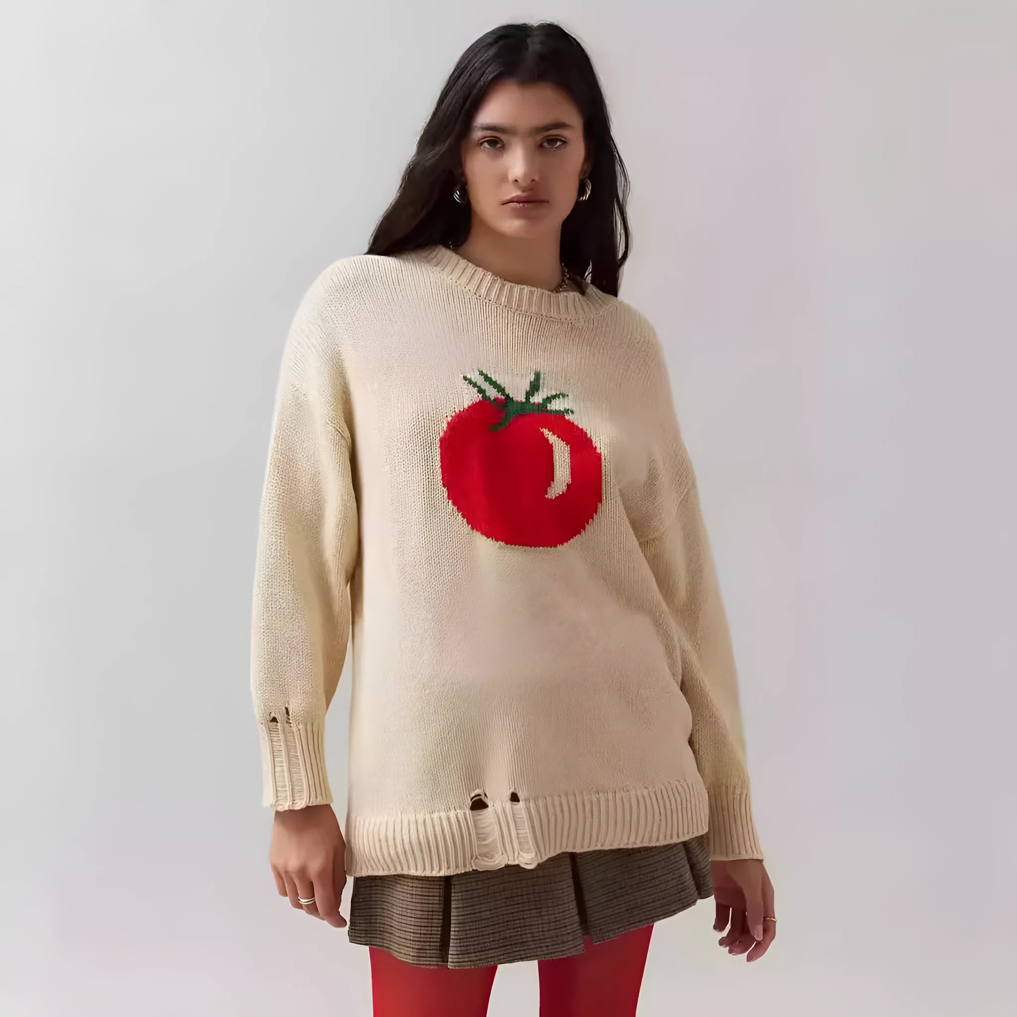 Women's beige jacquard knit pullover sweater with round neck and long sleeves