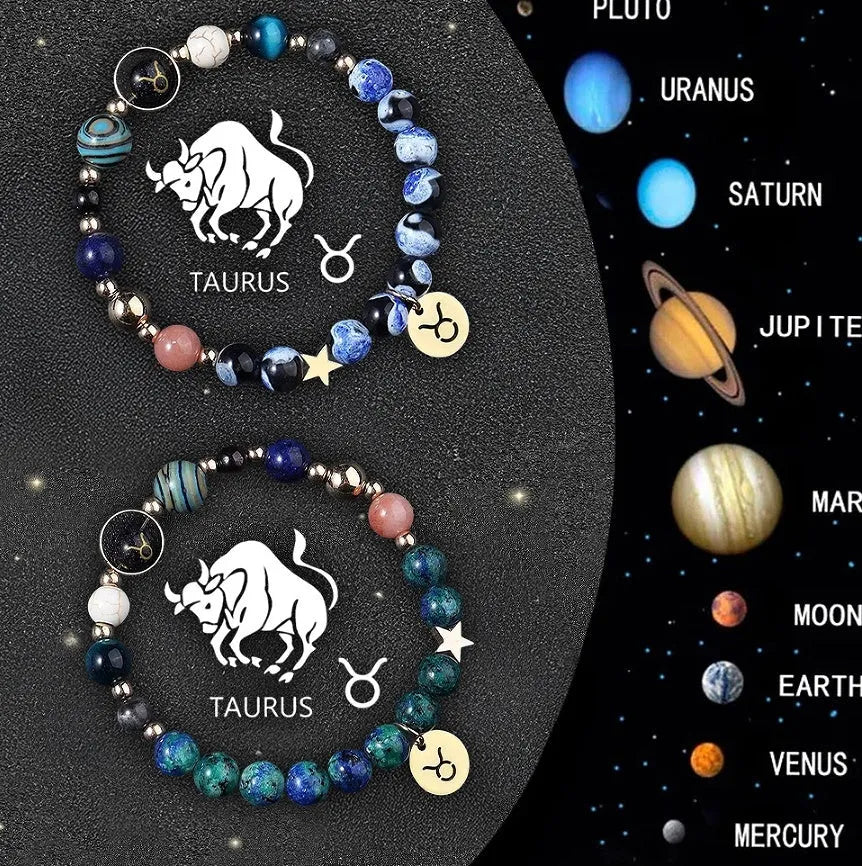 Set of two natural stone beaded zodiac bracelets on a stretch elastic cord.