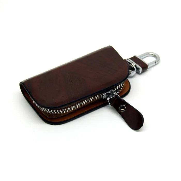 Genuine soft cowhide leather car key case in black or brown with frosted finish