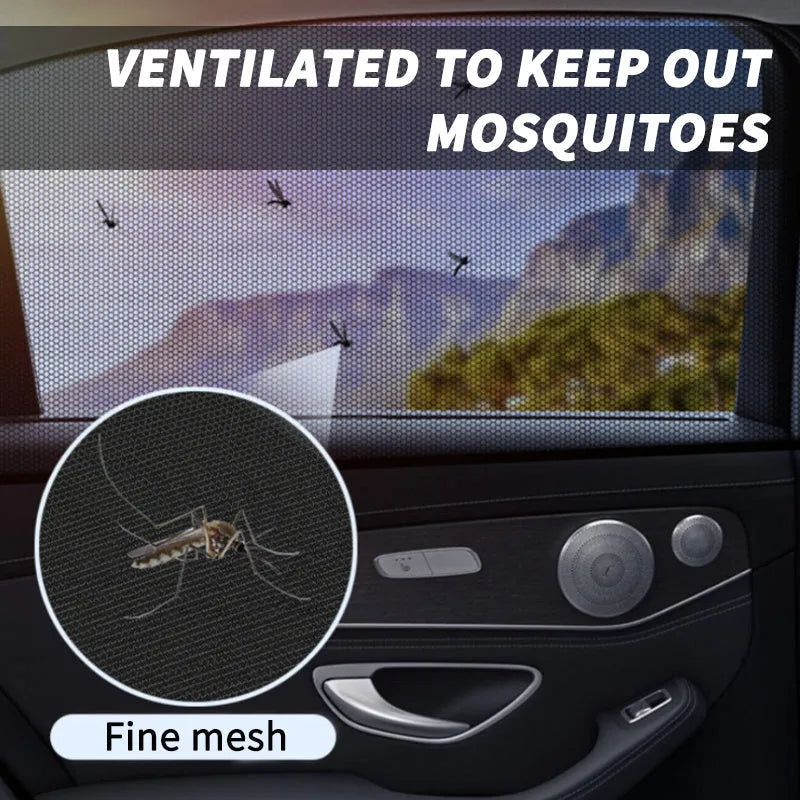 Car side window sunshade mesh cover installed on vehicle door with elastic strip fixation