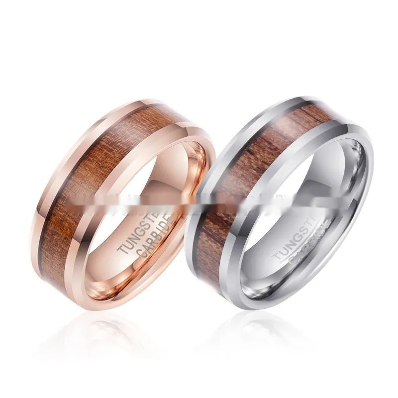Men's tungsten ring with brown leather inlay and wood detail on an 8mm wide band in rose gold tone.