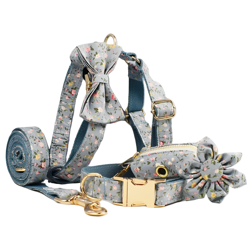 Blue floral polyester cotton dog collar set with leash, vest, bow, and poop bag in sizes XS to XL