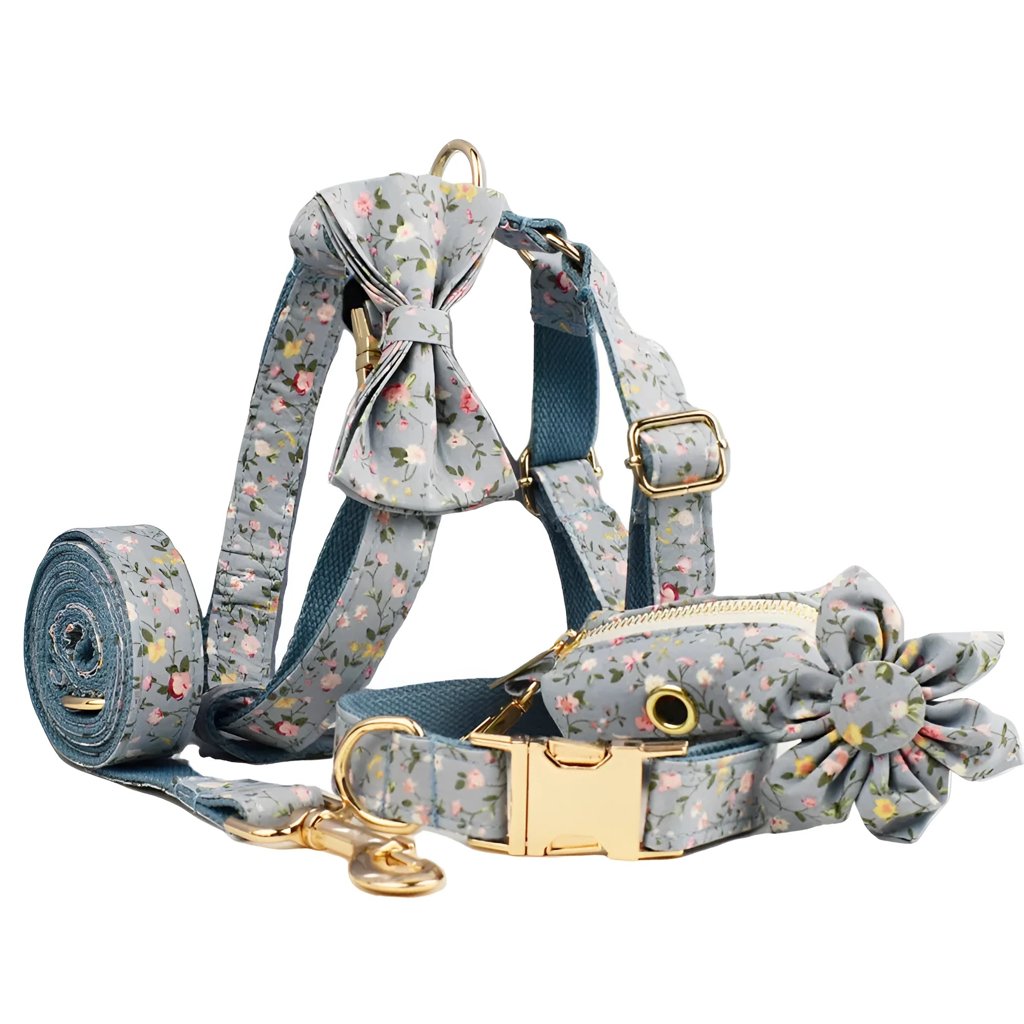 Blue floral polyester cotton dog collar set with leash, vest, bow, and poop bag in sizes XS to XL