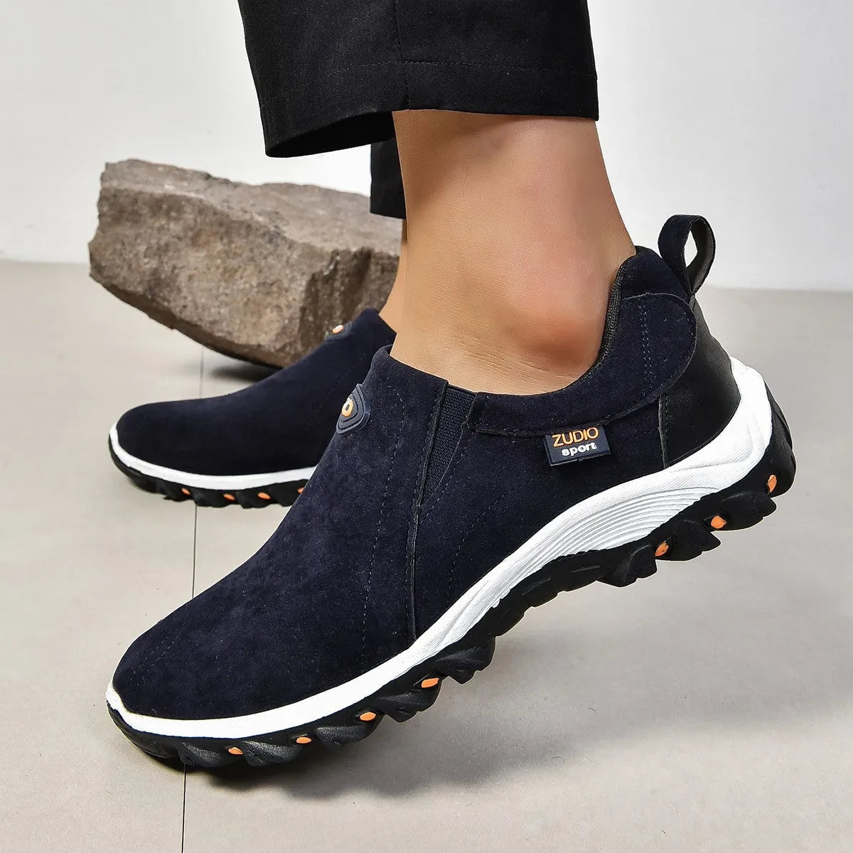 Men's round toe thin slip-on shoes in multiple colours on a white background.