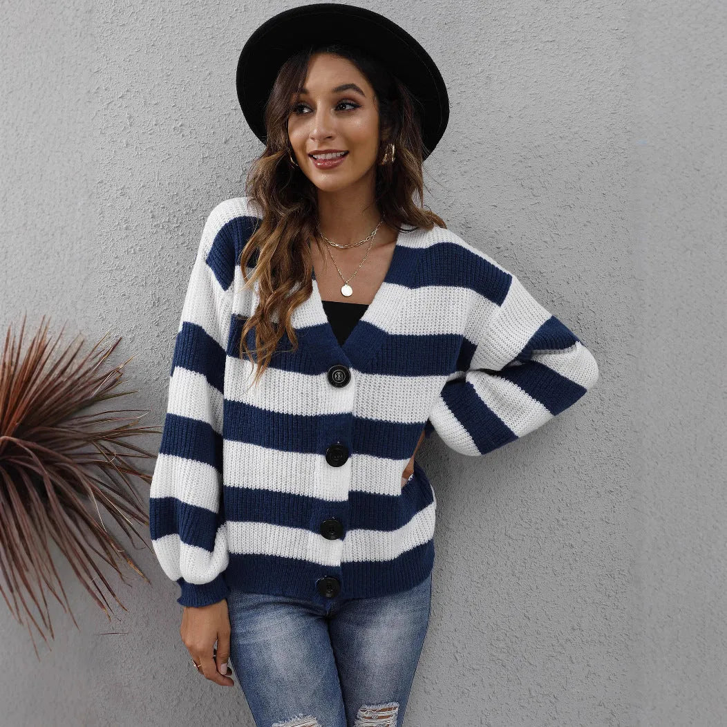 Women's striped deer plush cardigan in blue, showing button front and regular sleeves.