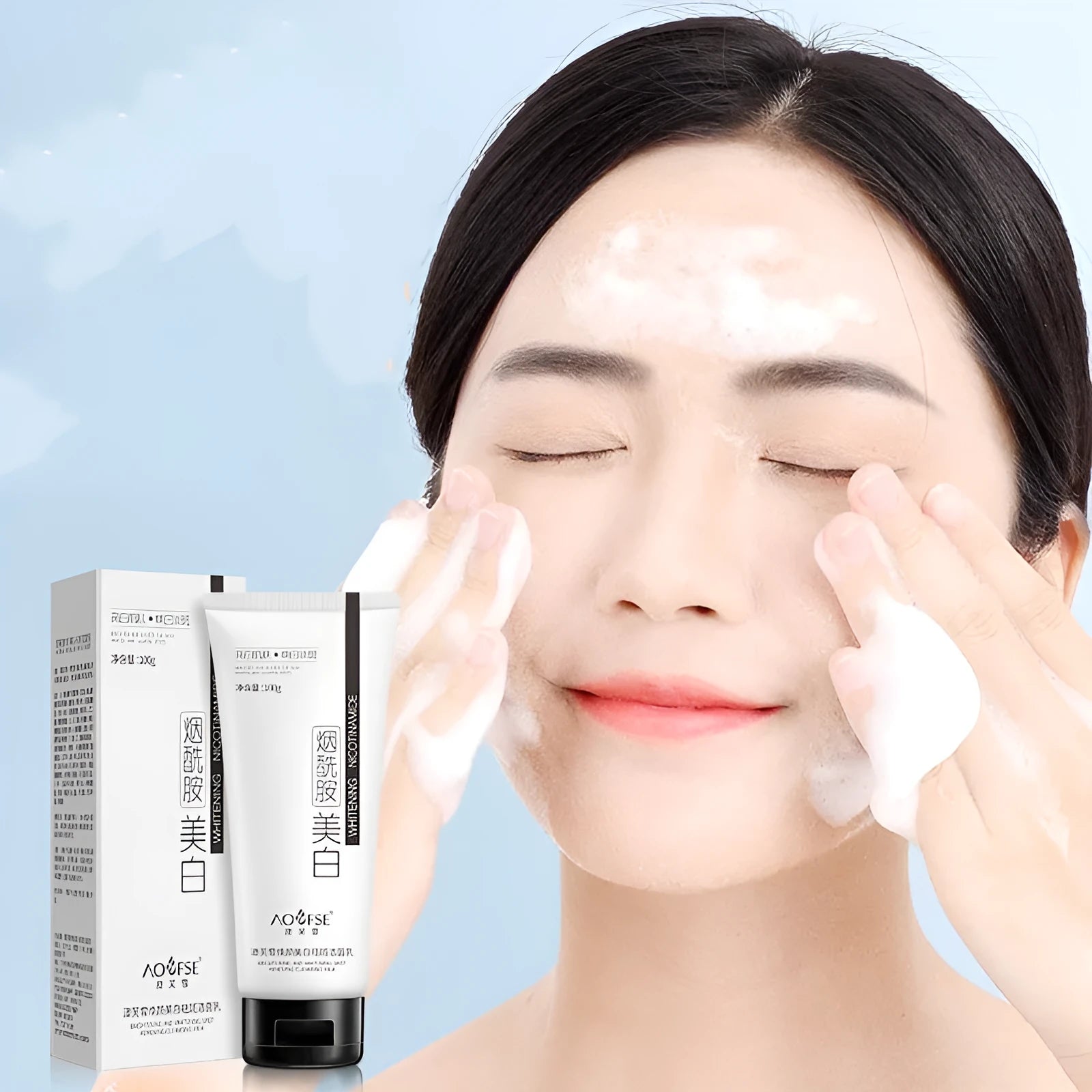 White facial cleanser bottle for whitening and freckle removal with pore cleansing properties
