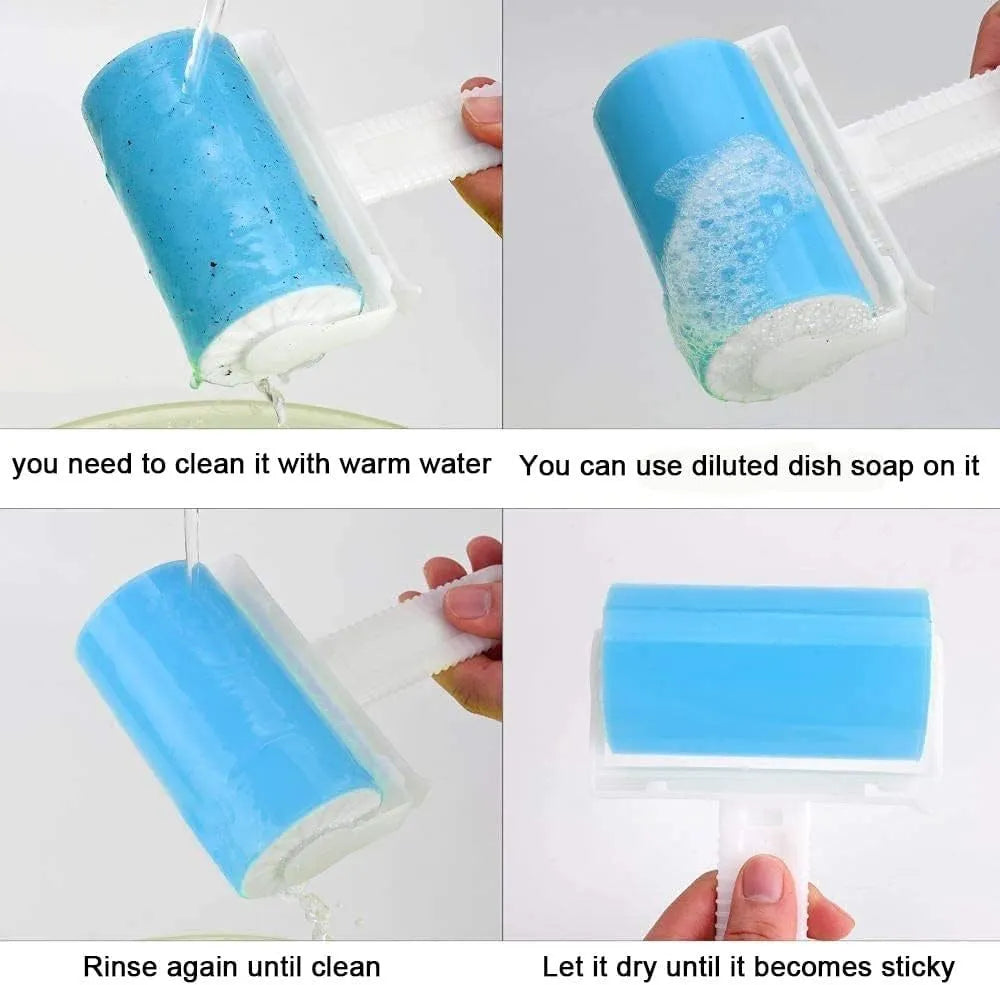 Washable reusable lint roller for pet hair removal with protective cover in blue green pink yellow colours