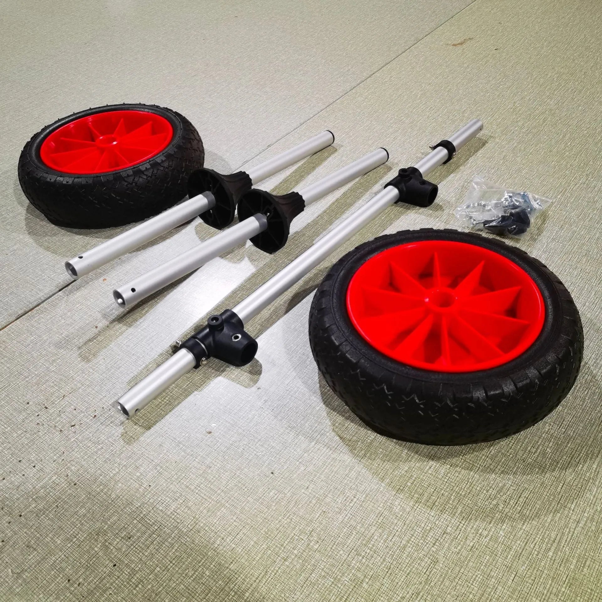 Foldable aluminium kayak trailer with upright plug-in pole platform for transporting open kayaks on beach terrain