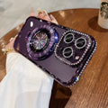 Transparent silicone iPhone case with rhinestone frame and magnetic bracket in pink colour