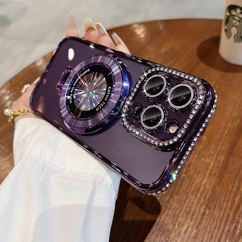 Transparent silicone iPhone case with rhinestone frame and magnetic bracket in pink colour