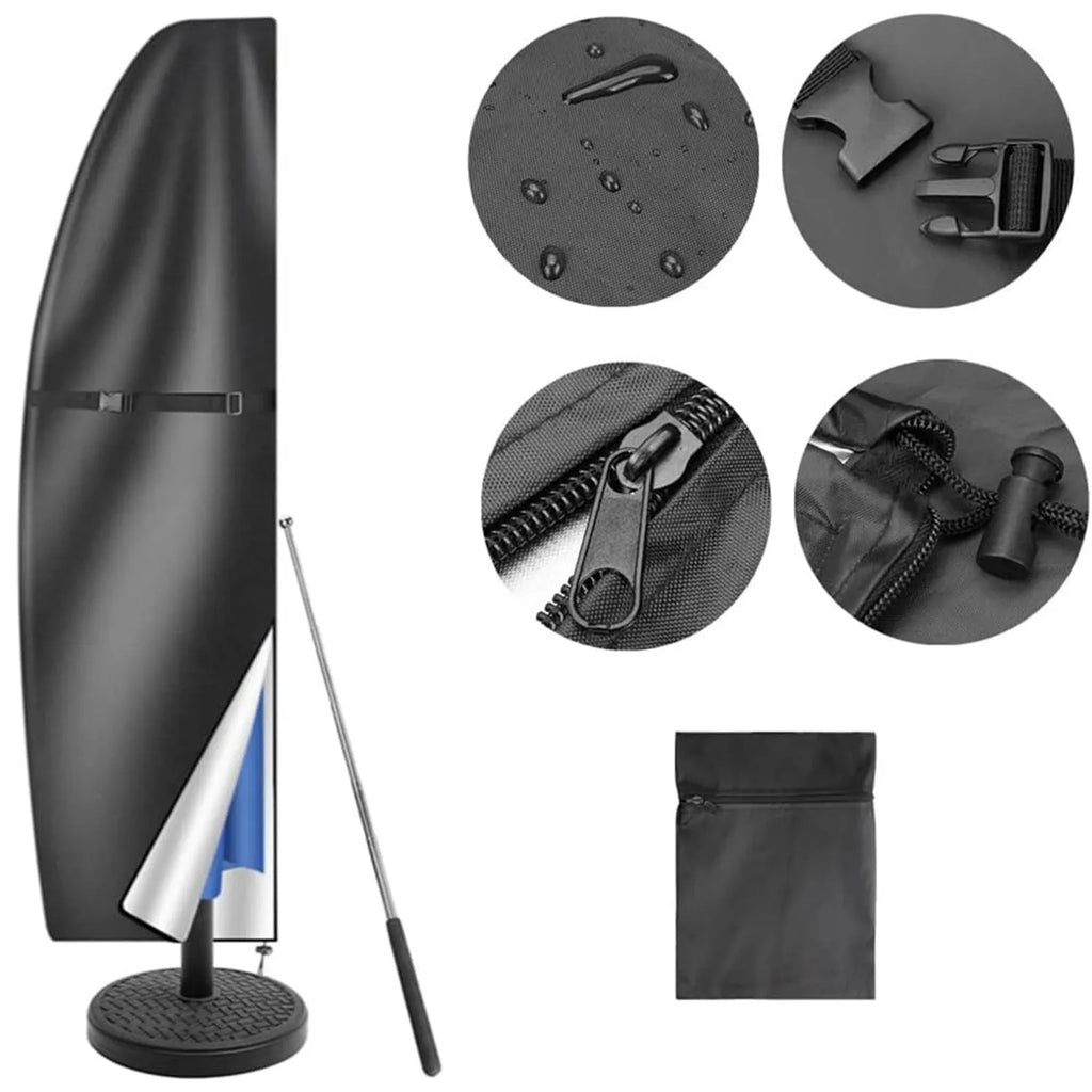 Waterproof banana umbrella cover for offset outdoor umbrellas in grey oxford cloth with drawstring closure