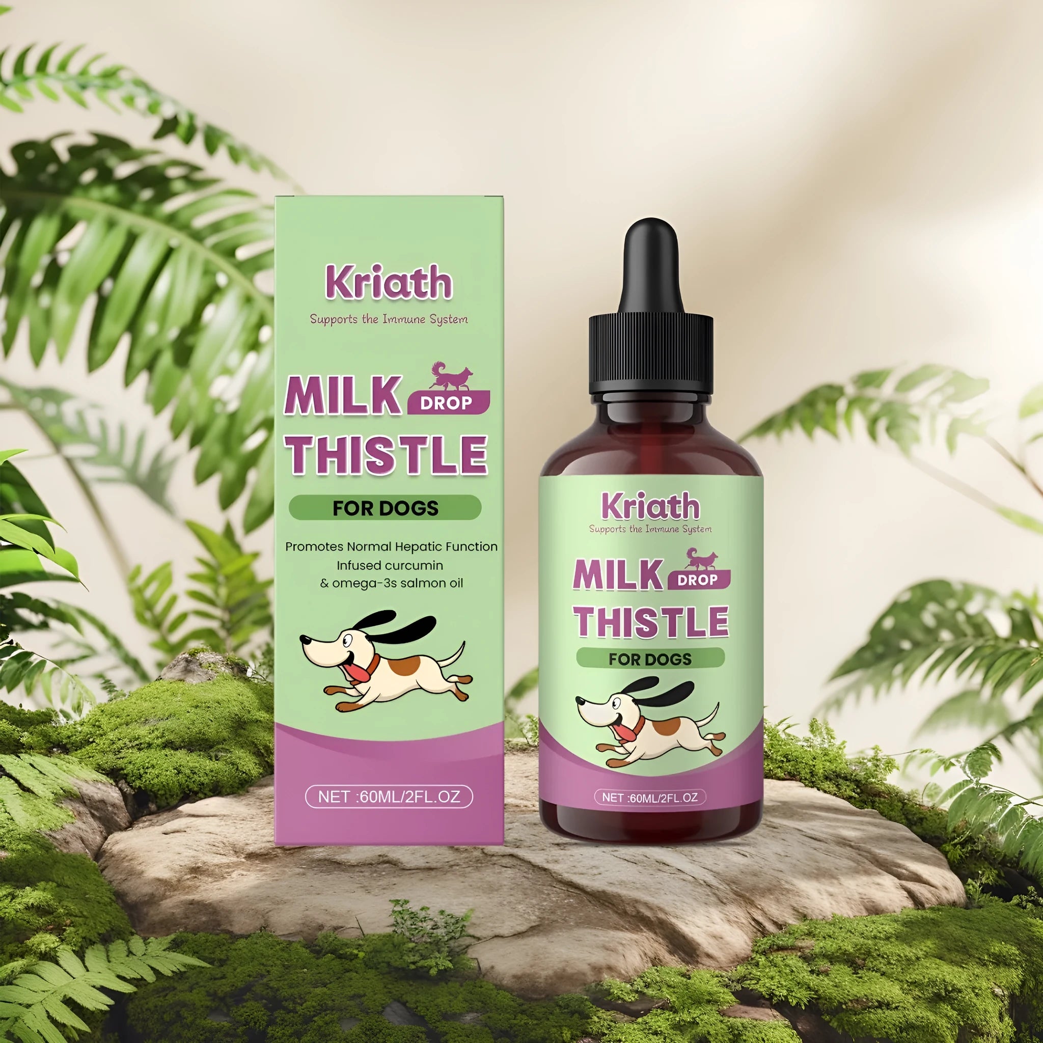 60ml bottle of liquid dog nutrient solution with dropper, containing milk thistle, turmeric, and omega-3