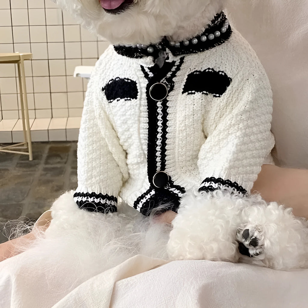 Korean style puppy sweater with pearl collar in classic black and white colours for small dogs