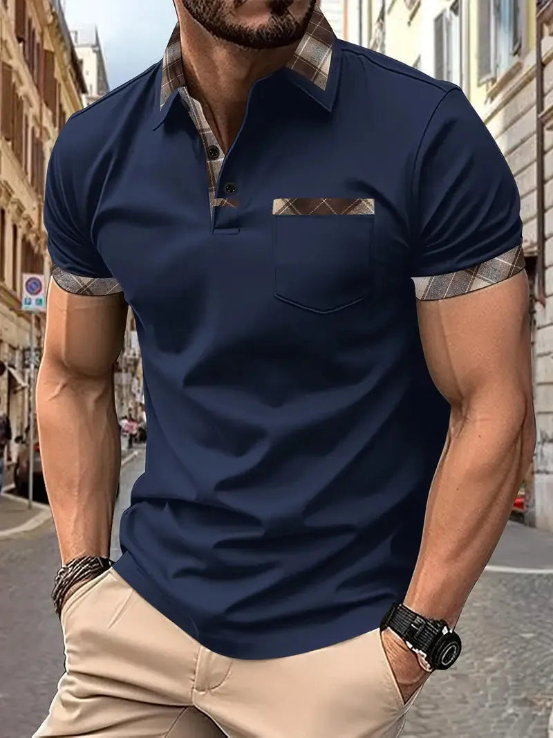 Men's plaid colourblock t-shirt with zipper decorations in loose fit for summer casual wear