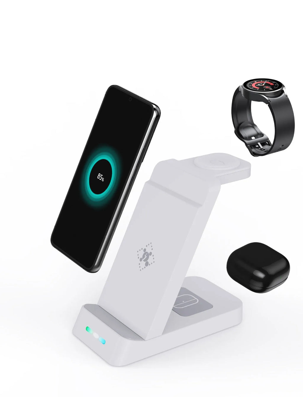 Black or white 3-in-1 wireless charging stand for phone, smartwatch and AirPods on a desk.