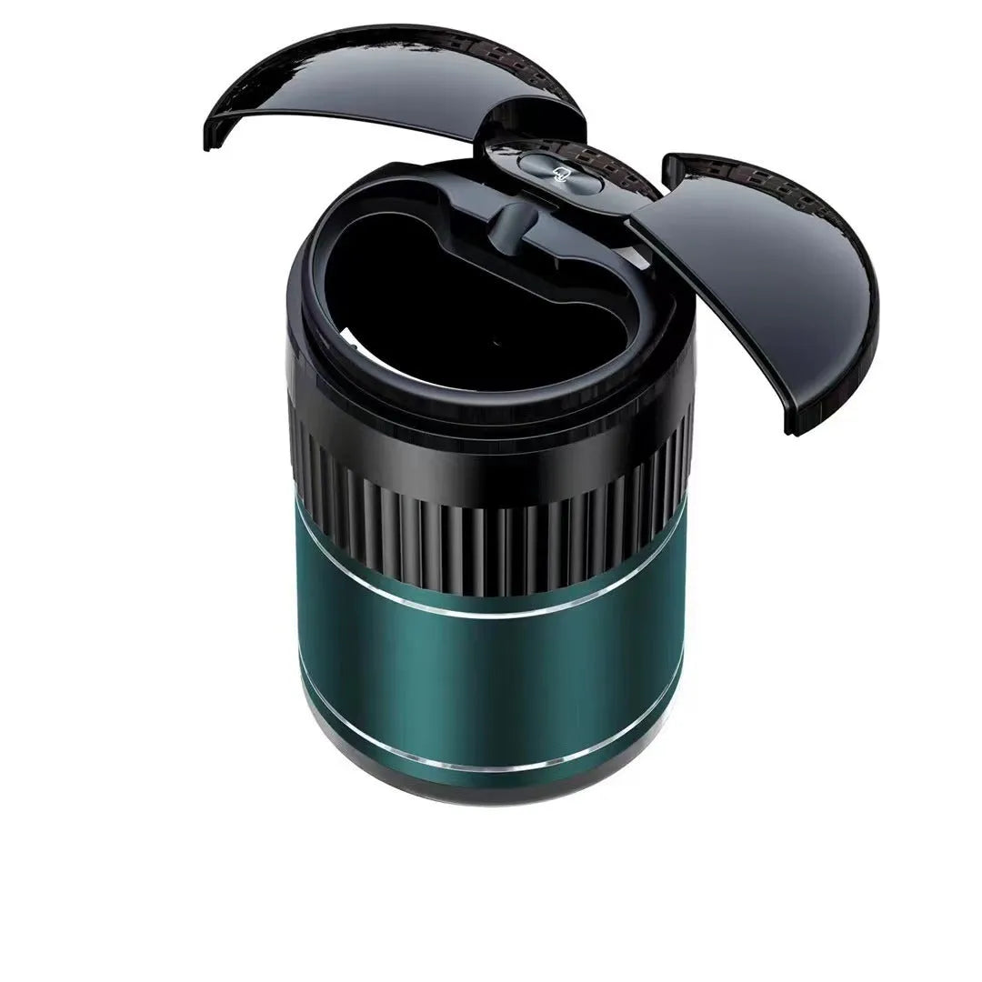 Metal smart car ashtray with automatic lid in black, showing compact 113mm x 72mm size.