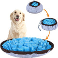 Blue adjustable foldable snuffle mat for dogs showing treat hiding pockets and non-slip backing