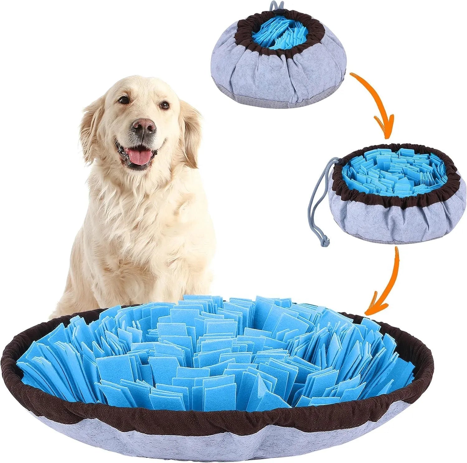 Blue adjustable foldable snuffle mat for dogs showing treat hiding pockets and non-slip backing