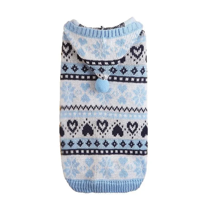 Pink knitted dog sweater with snowflake, love, stripe, and camouflage pattern on a small dog