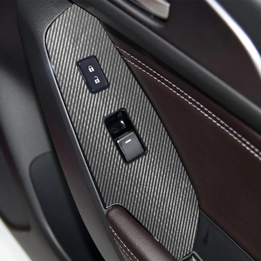 Set of four TPU protective films for car door control panel glass switches, shown in transparent and black finishes.