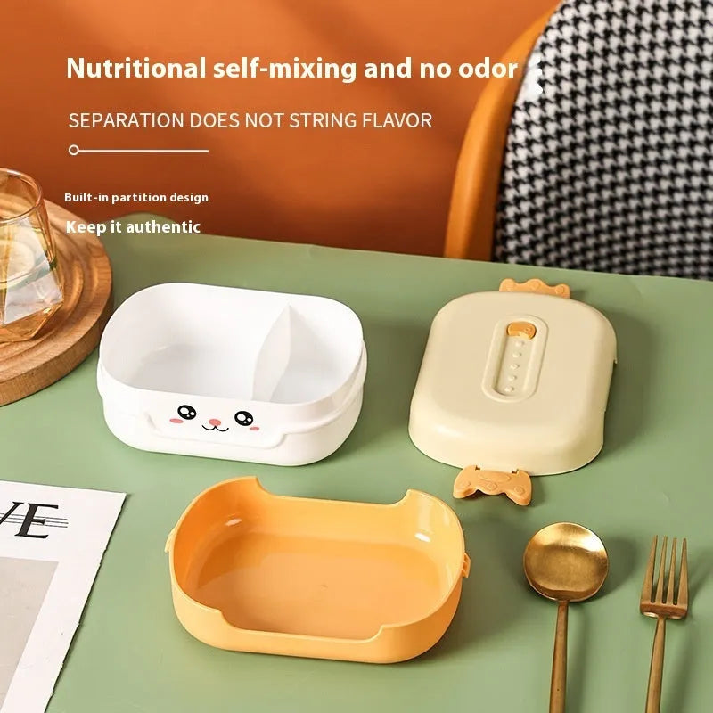 Square plastic divided lunch box in dark blue, orange yellow, or pink and green with microwave-safe symbol