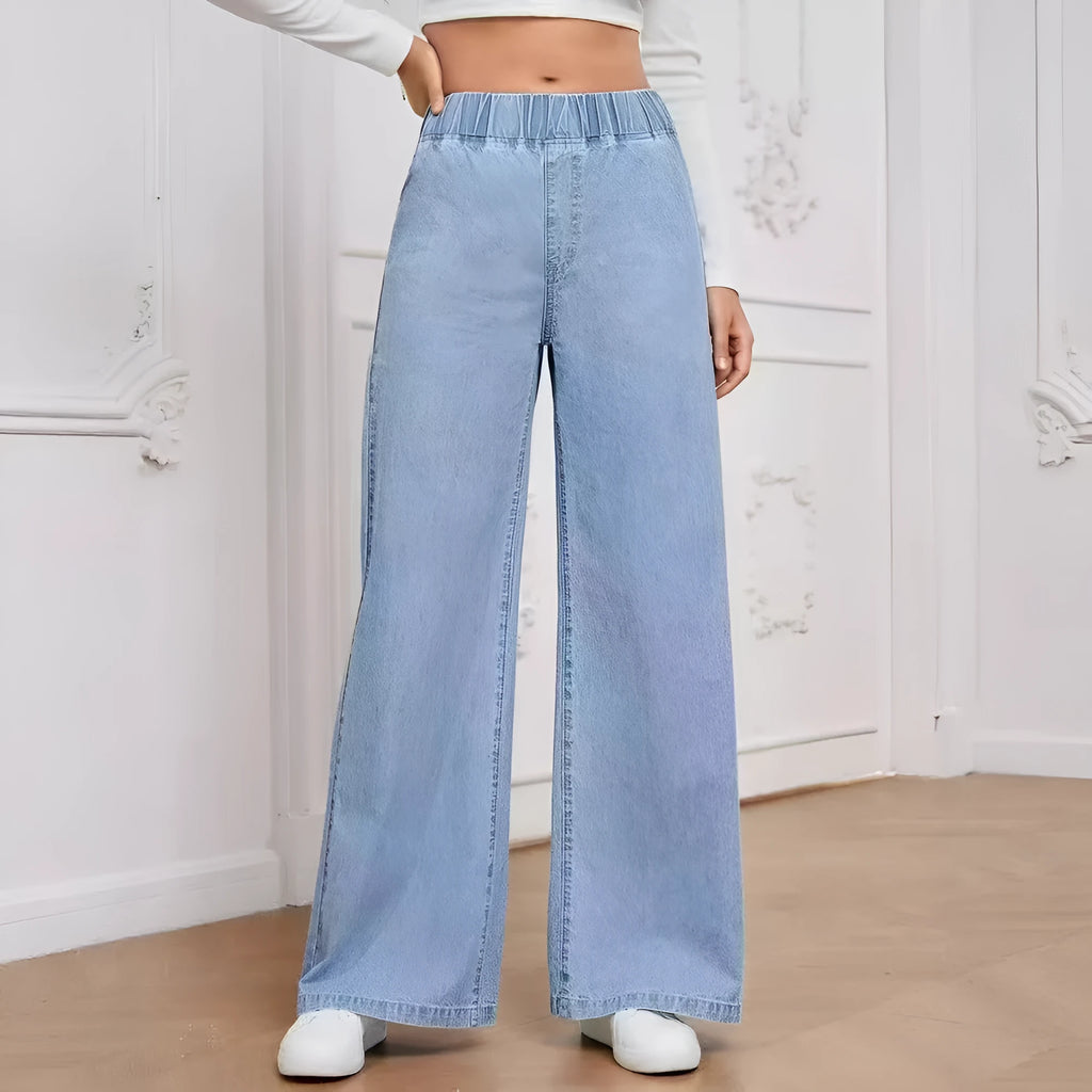 Light blue washed denim trousers with wide-leg straight cut and mid waist design