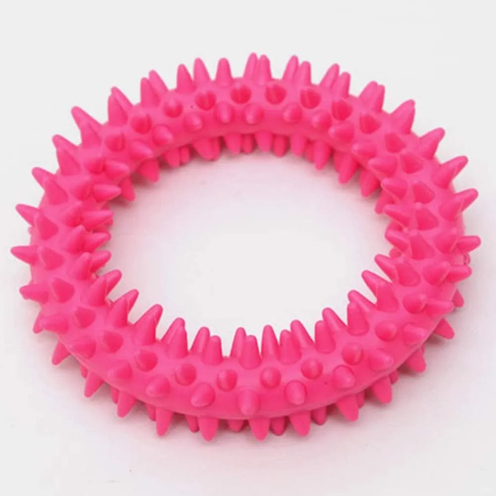 Blue TPR spiky circle dog chew toy for dental cleaning on a white background.