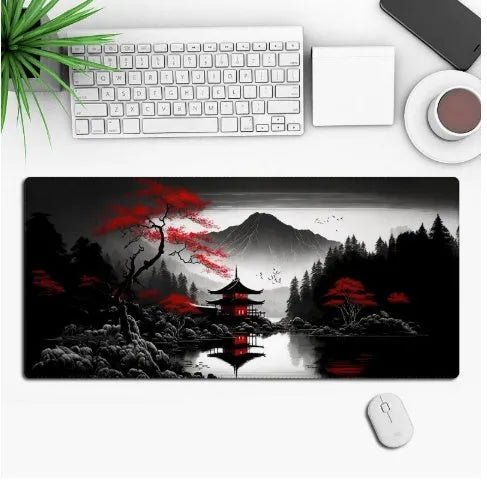 Hot anime series gaming mouse pad with colourful graphic, shown on a desk with a mouse.