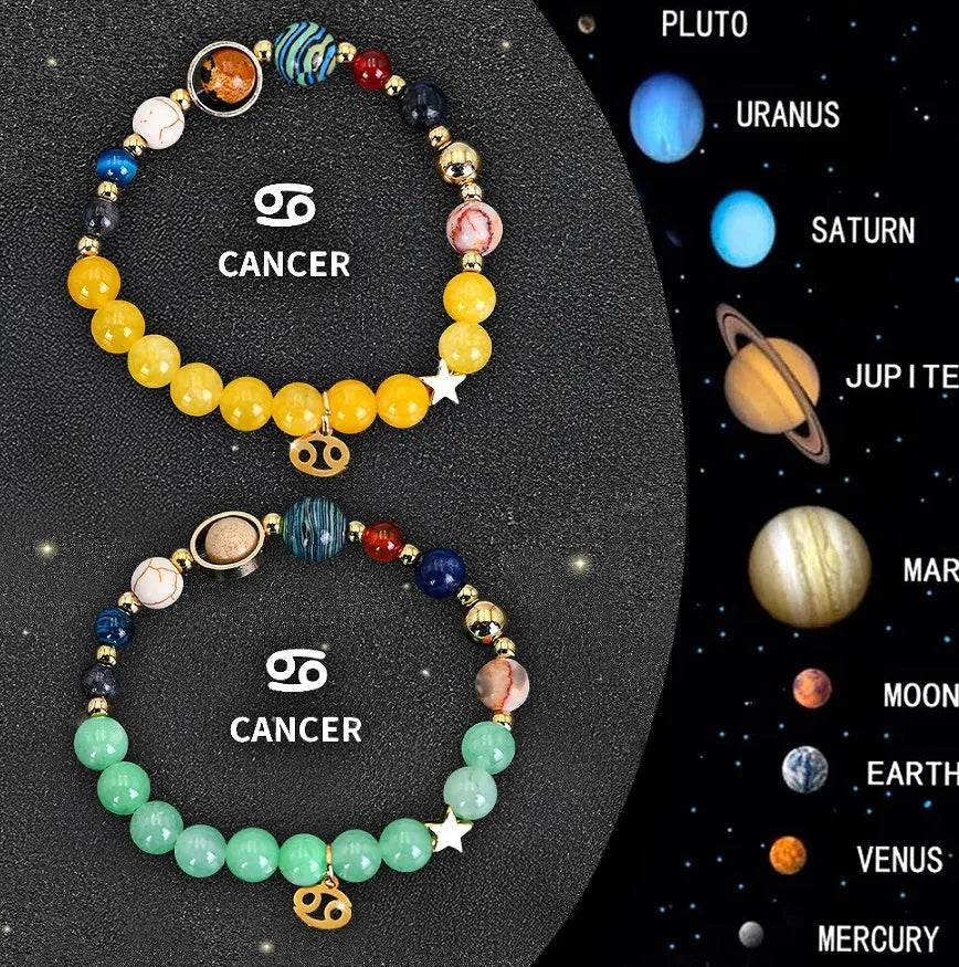 Two natural stone beaded bracelets with zodiac charms on an adjustable elastic band.