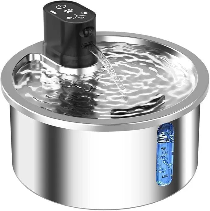 Stainless steel pet water fountain with heating base for cats and dogs in black colour option