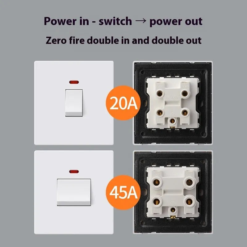 A white, high-current double-break electrical switch with a light panel indicator, shown alongside gold and grey colour variants.