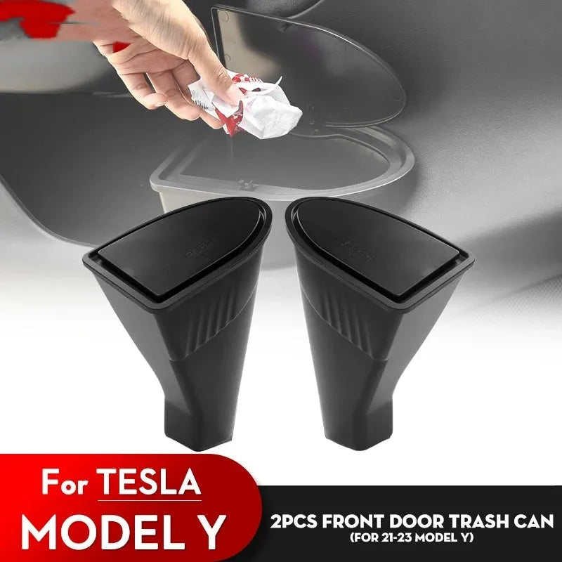 Two black ABS plastic car door trash cans designed for Tesla Model Y front doors.