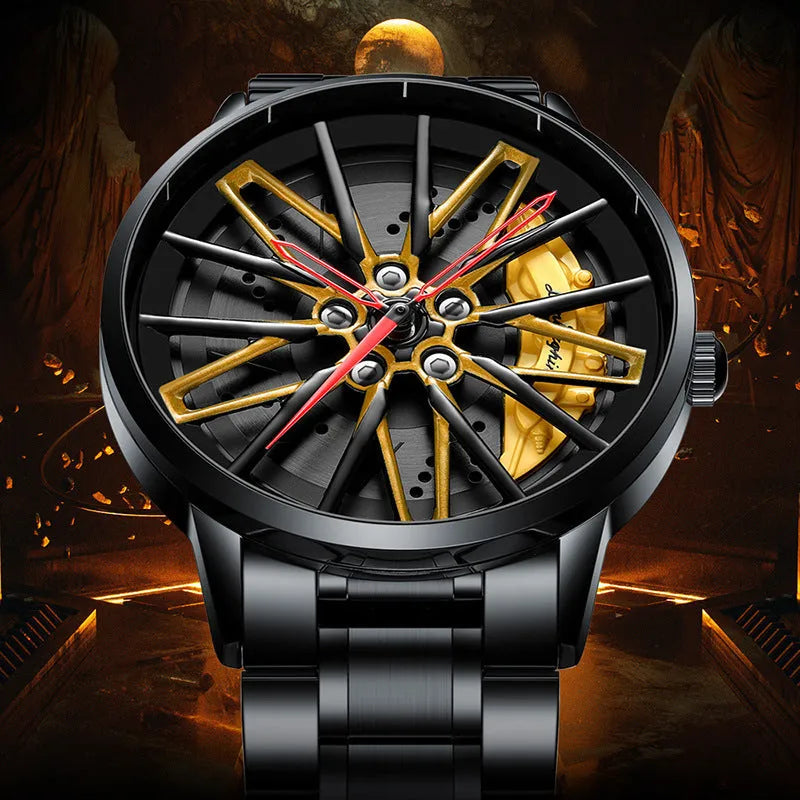 Three-dimensional hollow forged men's quartz watch with all-black rotating bezel and red steel belt on wrist