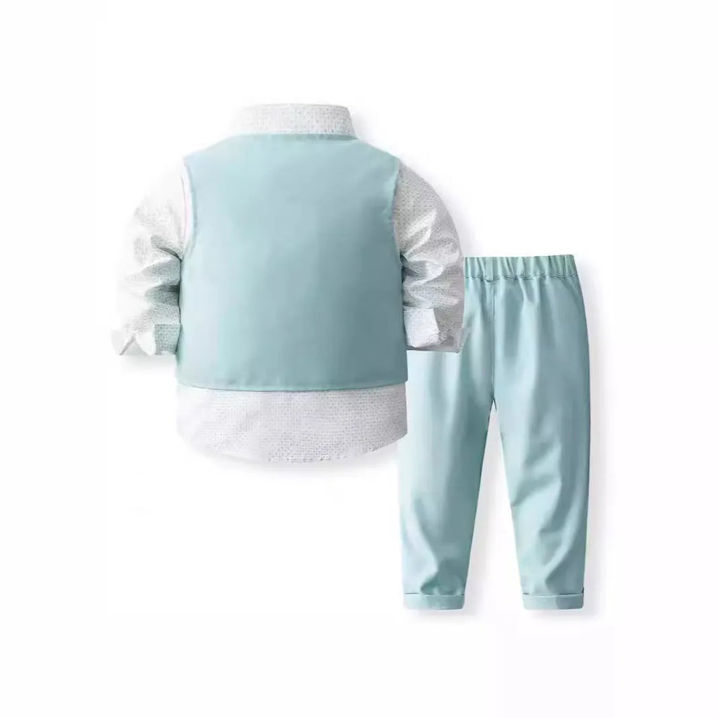 Boy's green cotton three-piece waistcoat suit set with shirt and trousers