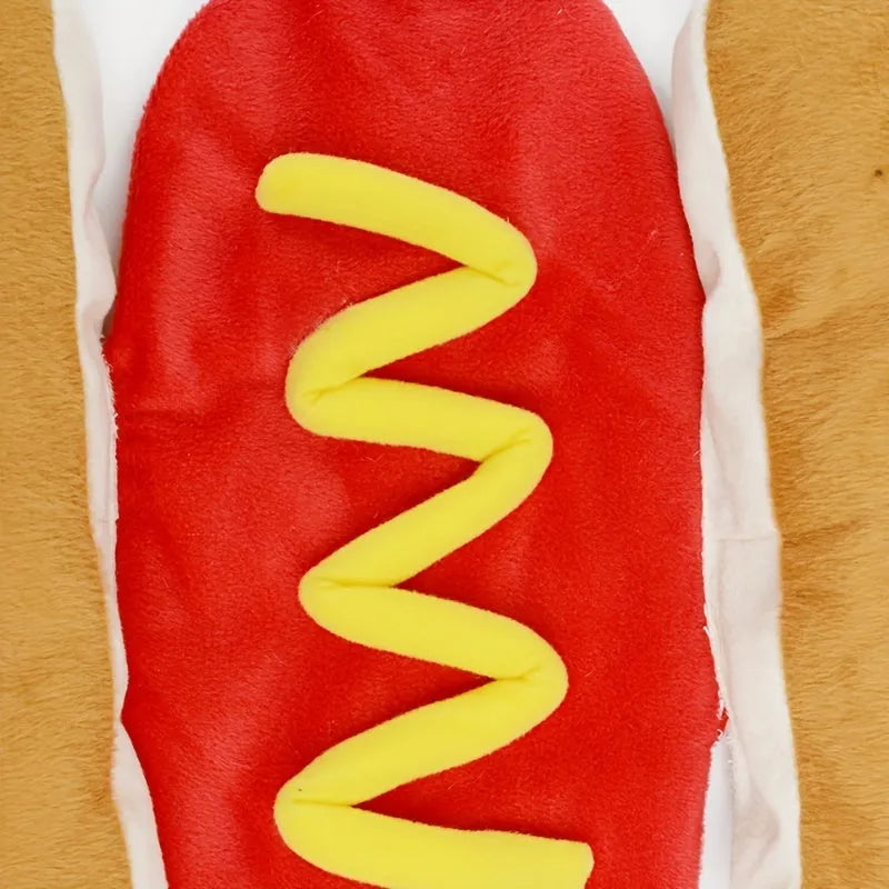 Brown and beige hot dog costume for a small dog, showing fleece material and Velcro closure.