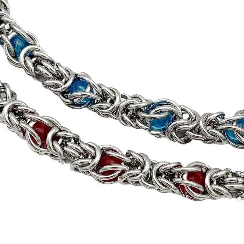 Men's titanium steel splice necklace with blue sapphire stone, adjustable chain 21-50cm