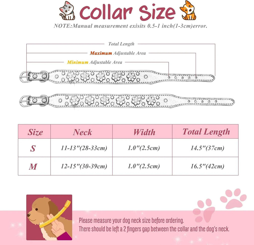 Close-up of a pink PU leather dog collar with silver rhinestone flowers and studs, showing the metal D-ring.