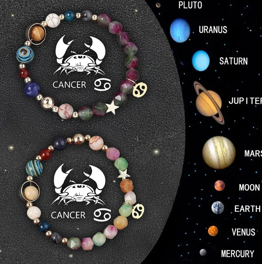 Set of two natural stone beaded bracelets on a wrist, each representing a different zodiac sign style.