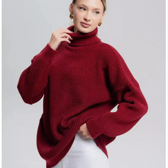 Women's high neck pullover sweater in imitation cashmere, shown in a solid colour with a textured 3D pattern.