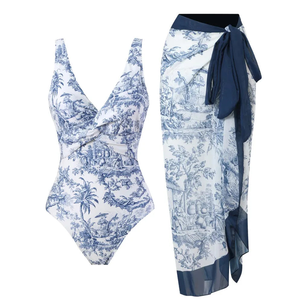 Yellow floral vintage print conservative one-piece swimsuit with short sleeves on a mannequin