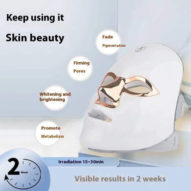 Rechargeable manual touch LED beauty mask in white golden edge colour with adjustable strap.