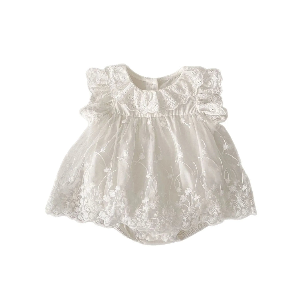 Cotton flounced sleeve triangle mesh lace jumpsuit for girls in beige