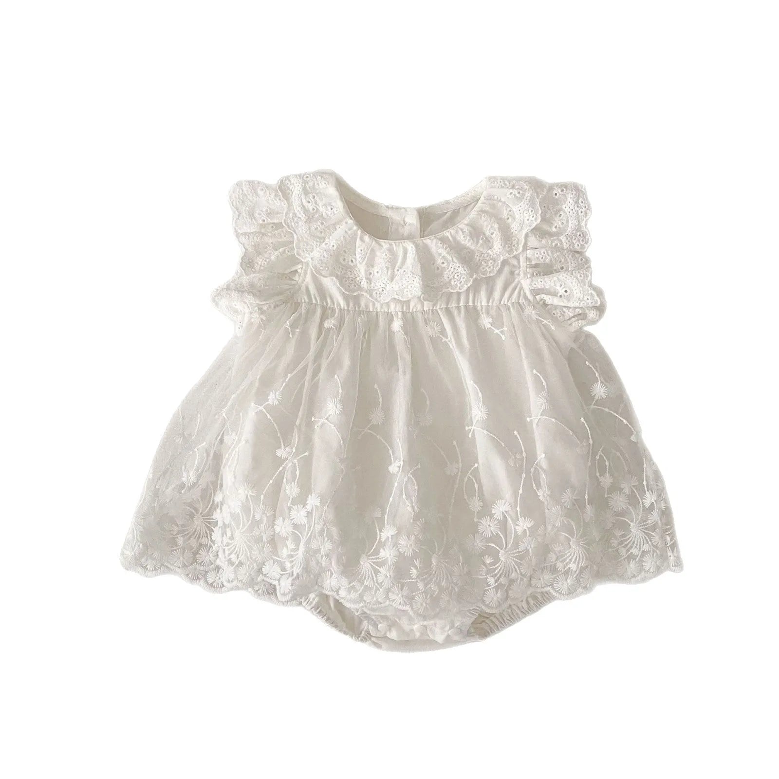 Cotton flounced sleeve triangle mesh lace jumpsuit for girls in beige