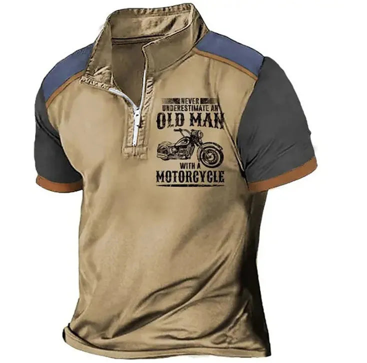 Men's casual polo shirt with digital letter print, lapel collar, and decorative zipper details on short sleeves.