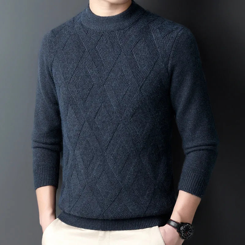Men's thick winter wool blend pullover sweater with diamond jacquard pattern in a plus size fit.