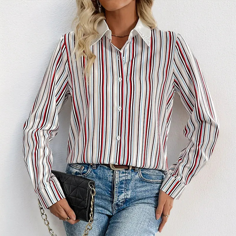 Women's lapel vertical striped long sleeve shirt in wine red, loose fit with full elastic fabric