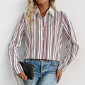 Women's lapel vertical striped long sleeve shirt in wine red, loose fit with full elastic fabric