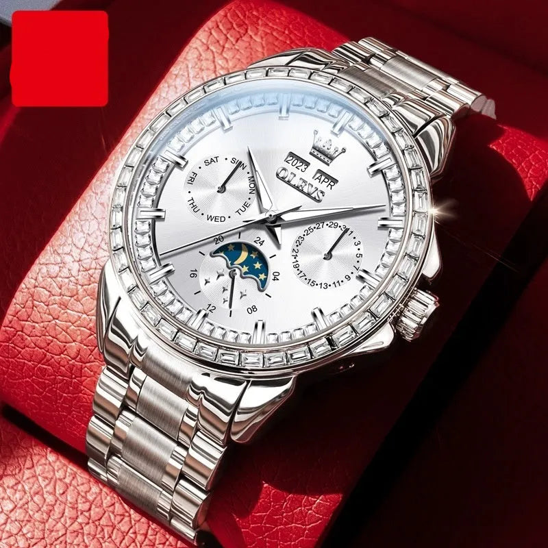 Men's automatic mechanical watch with diamond markers on stainless steel band