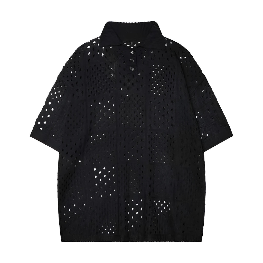 Loose fit short-sleeved knitted polo shirt with hollow design in solid black or white for teenagers