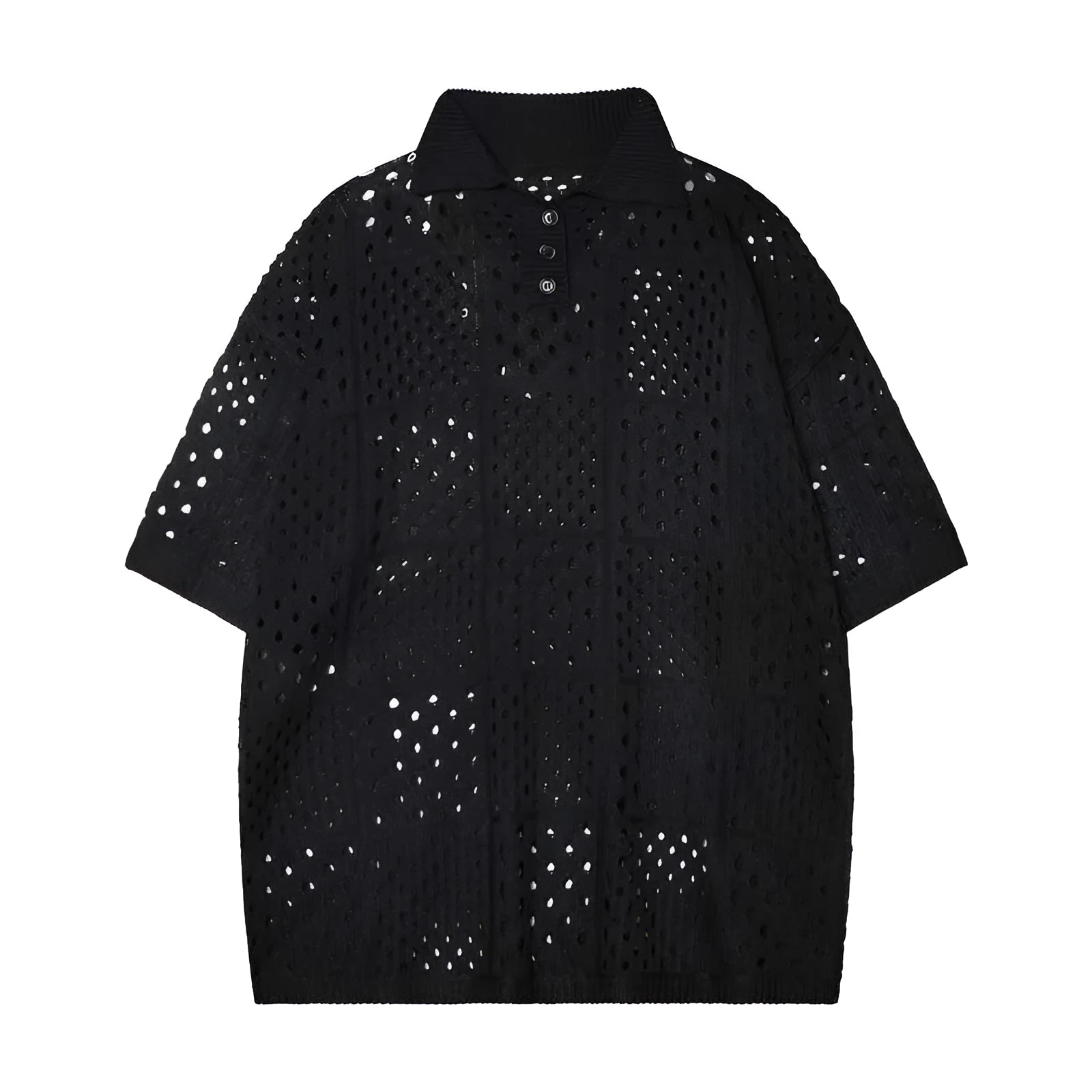 Loose fit short-sleeved knitted polo shirt with hollow design in solid black or white for teenagers